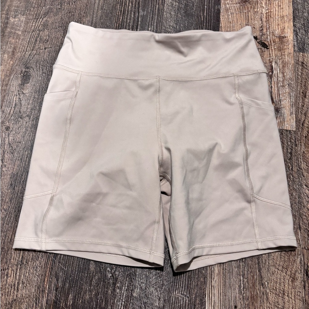 American Eagle Outfitters High-Waist Bike Shorts in Light Beige